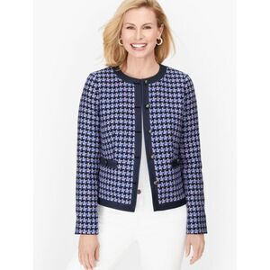 Talbots Tweed Denim Trim Jacket Women's 10 Navy Blue Preppy Old Money Career EUC